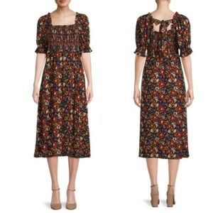 Beachlunchlounge Black Floral Smocked Midi Dress NEW